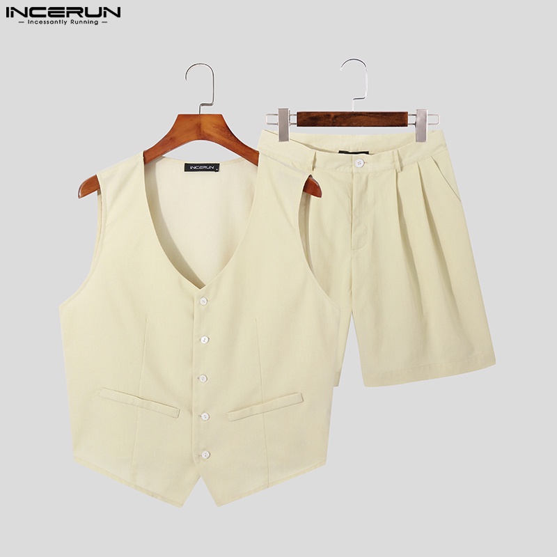 Set đồ INCERUN gồm áo sát nách và quần short đi biển màu trơn thời trang cho nam