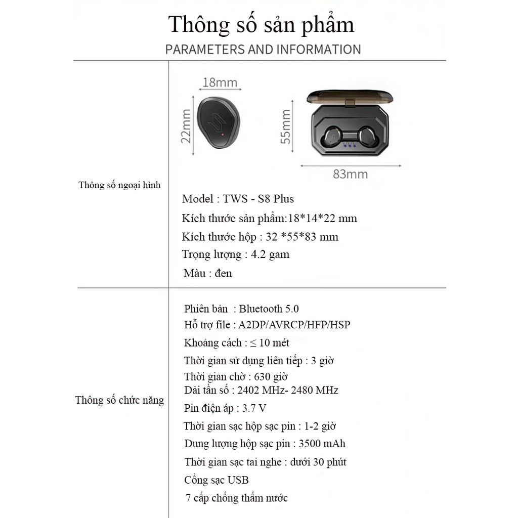 Tai nghe không dây âm thanh HiFi  Bluetooth 5.0 TWS S8 Plus chống nước, cảm biến vân tay Dock tự sạc, pin khủng 3500 mAh