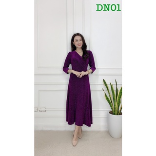 Đầm thun trung niên ánh nhũ co giãn 4 chiều dáng a dễ mặc