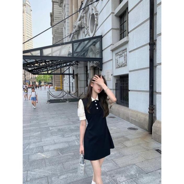 Váy đầm nữ cổ polo đen trắng cộc tay phồng dáng chư A xòe phom tôn dáng freesize ngắn | BigBuy360 - bigbuy360.vn