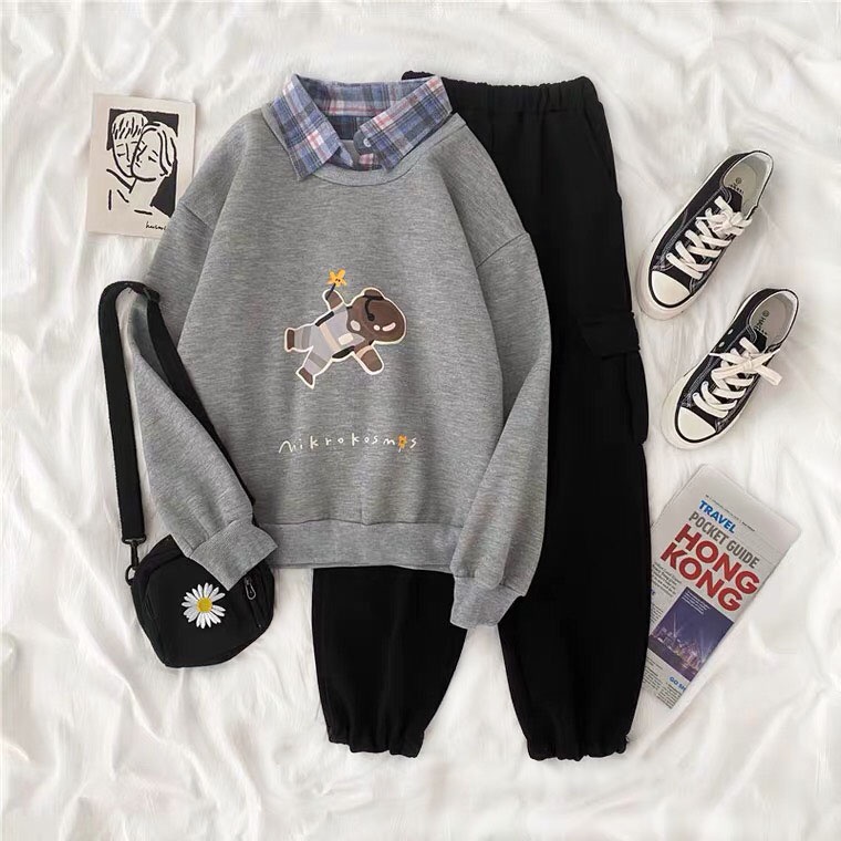 Sét bộ áo nỉ Gấu phi hành gia + quần bom đen, Áo nỉ Unisex from rộng, thiết kế phong cách, Sét bộ mặc ở nhà - MODY