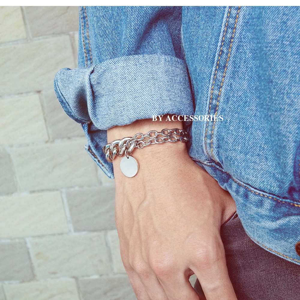 Lắc tay titan xích dày 2 kiểu phối mặt tròn không gỉ MB200402