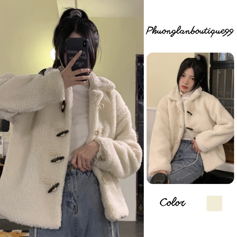 Áo lông cừu, Áo khoác tay bồng lông trắng be cúc dọc to form rộng Ulzzang PHULA