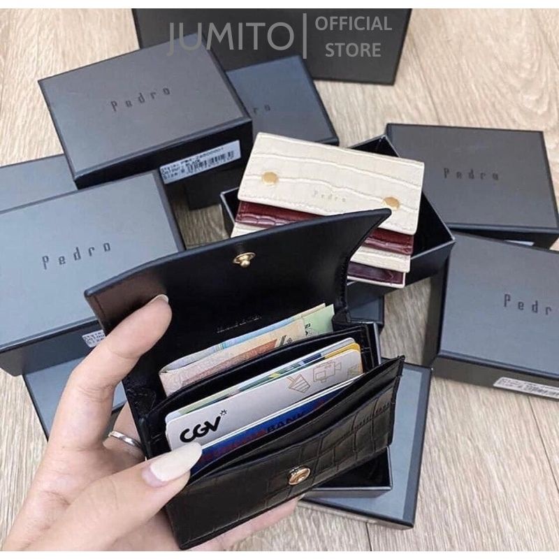 Ví Pe.dro mini vân cá sấu gập gọn nhiều ngăn đựng thẻ phối nút đẹp mới lạ JUMITO T1.075.HO