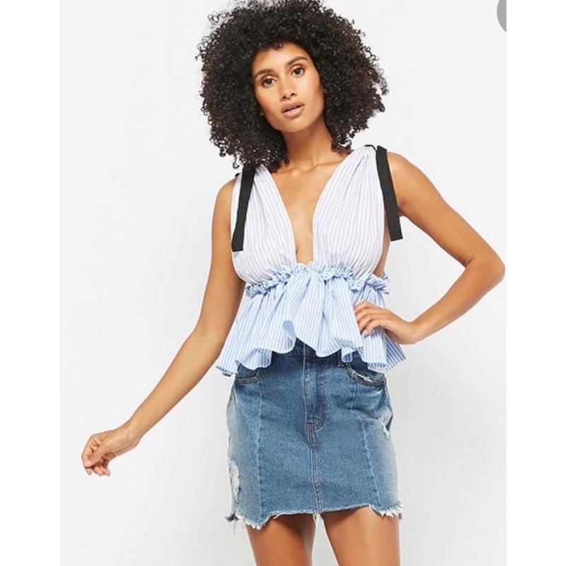 Áo Sọc Peplum Nơ Vai Nhún Eo FOREVER 21 Cổ V Hàng Xuất Dư Xịn Cao Cấp Full Tag Ver06