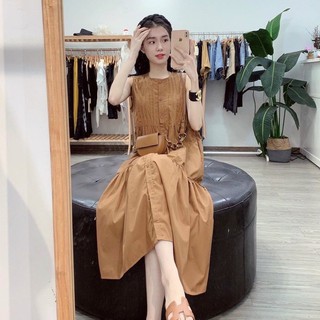Váy maxi 3 tầng sát nách ngực xếp ly màu nâu tây xinh xắn - V76