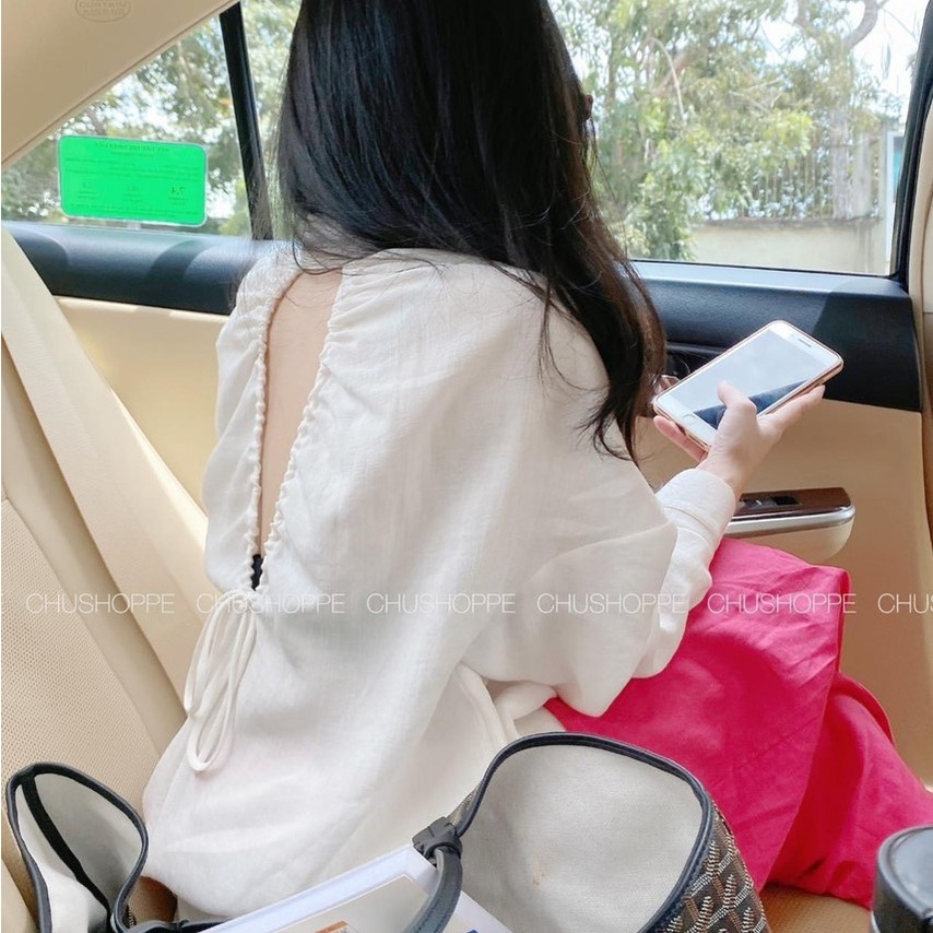 Áo sơ mi hở lưng hàn quốc , Áo sơ mi form thụng hở lưng dây buộc thời trang hè 2022