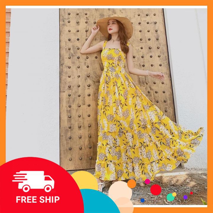 Váy maxi hoa 2 dây hở lưng ⚡𝗙𝗥𝗘𝗘 𝗦𝗛𝗜𝗣⚡ Maxi dáng xoè phối đuôi cá tầng cách điệu, bo chun eo giãn tốt, hàng QC cao cấp