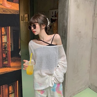 (HÀNG SẴN) Áo len lưới dệt kim mỏng nhẹ form rộng xuyên thấu trễ vai gợi cảm điệu đà