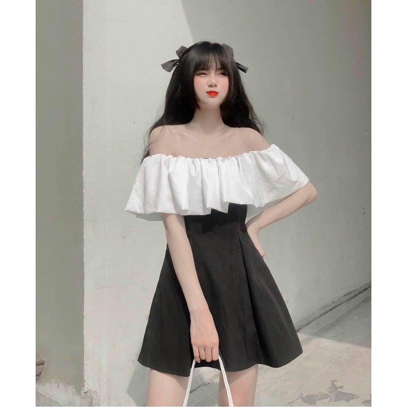 Váy trễ vai phối đen trắng
