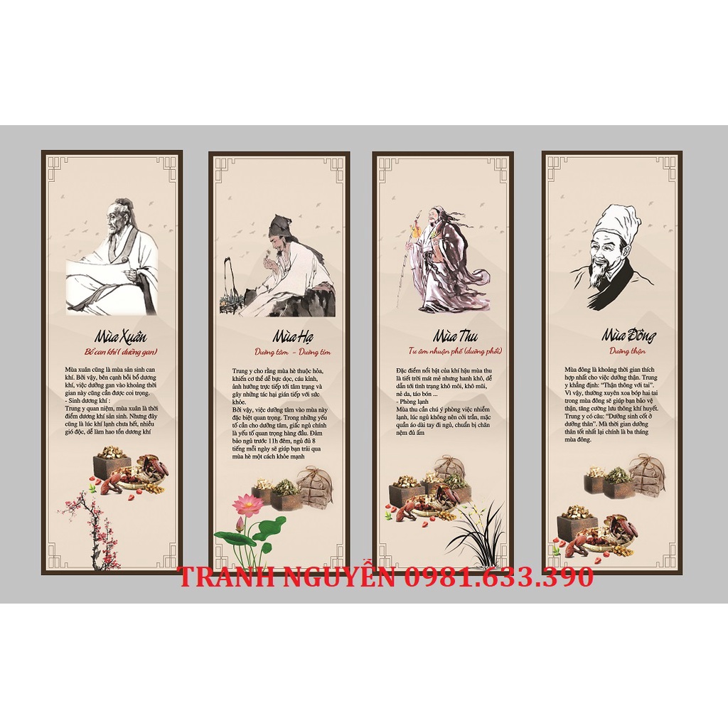 GIÁ XƯỞNG: BỘ 4 TRANH DƯỠNG SINH XUÂN - HẠ - THU - ĐÔNG