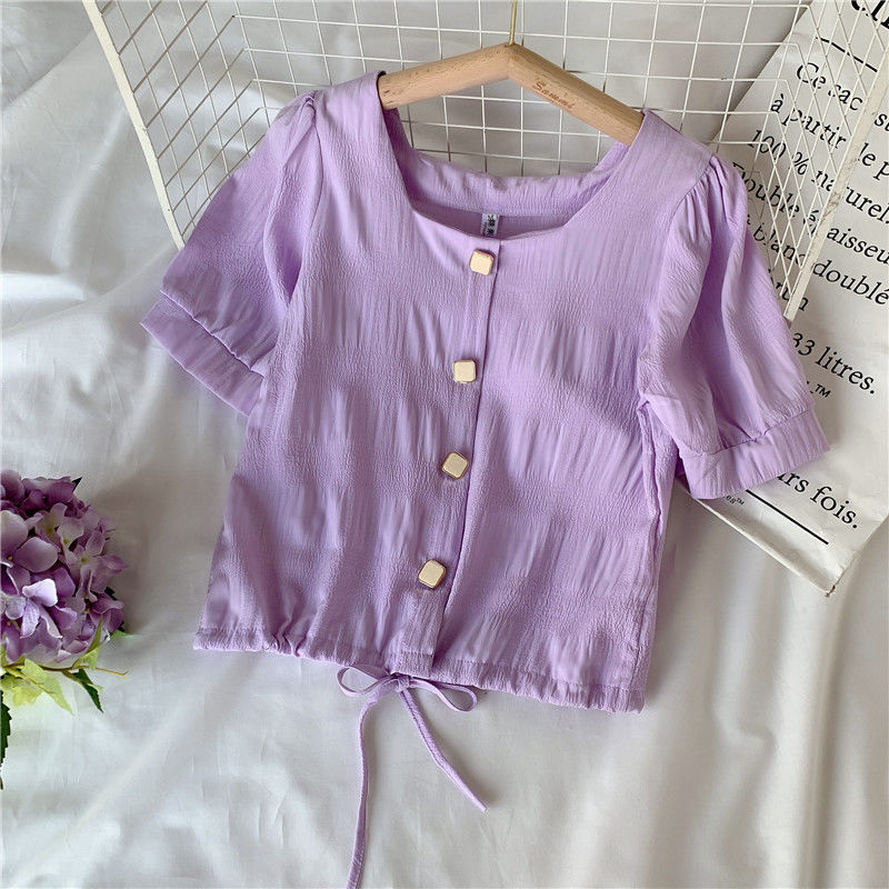 Áo sơ mi nữ BH tay ngắn phối dây xinh xắn thời trang 2021