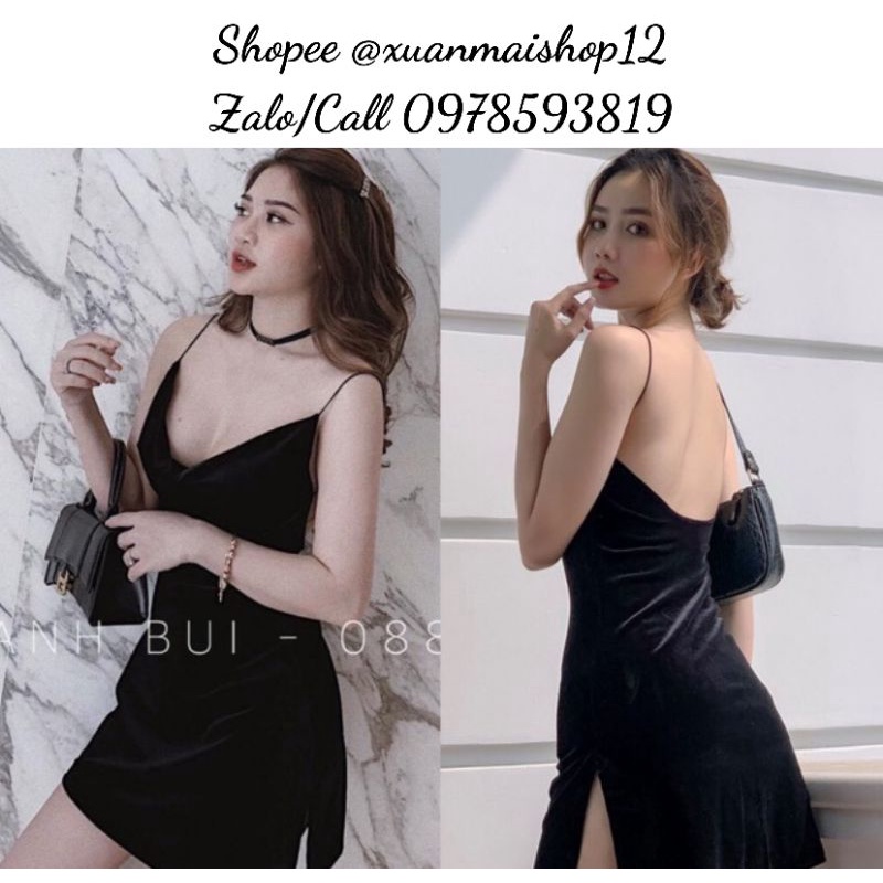 [FREESHIP] Đầm đen ngắn hai dây chất liệu nhung cổ đổ hở lưng xẻ tà sẵn mút ngực siêu gợi cảm