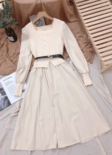 Ảnh thật - váy pha len kèm belt da