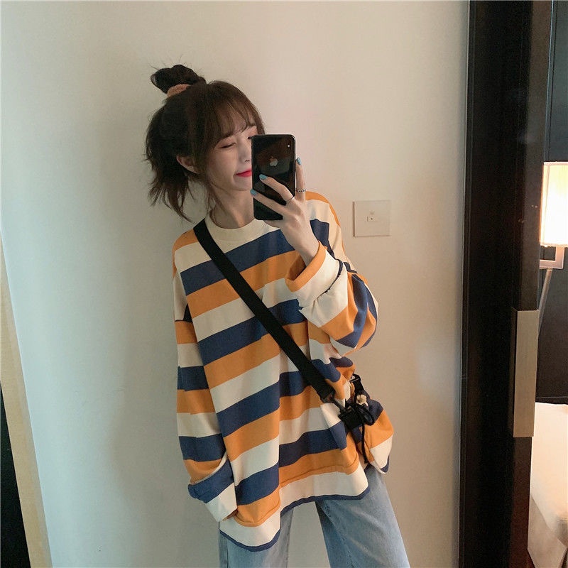 Áo Sweater Tay Dài Đệm Nhung Dày Dáng Rộng Họa Tiết Kẻ Sọc Phong Cách Hàn Quốc Thời Trang Mùa Đông Cho Nữ