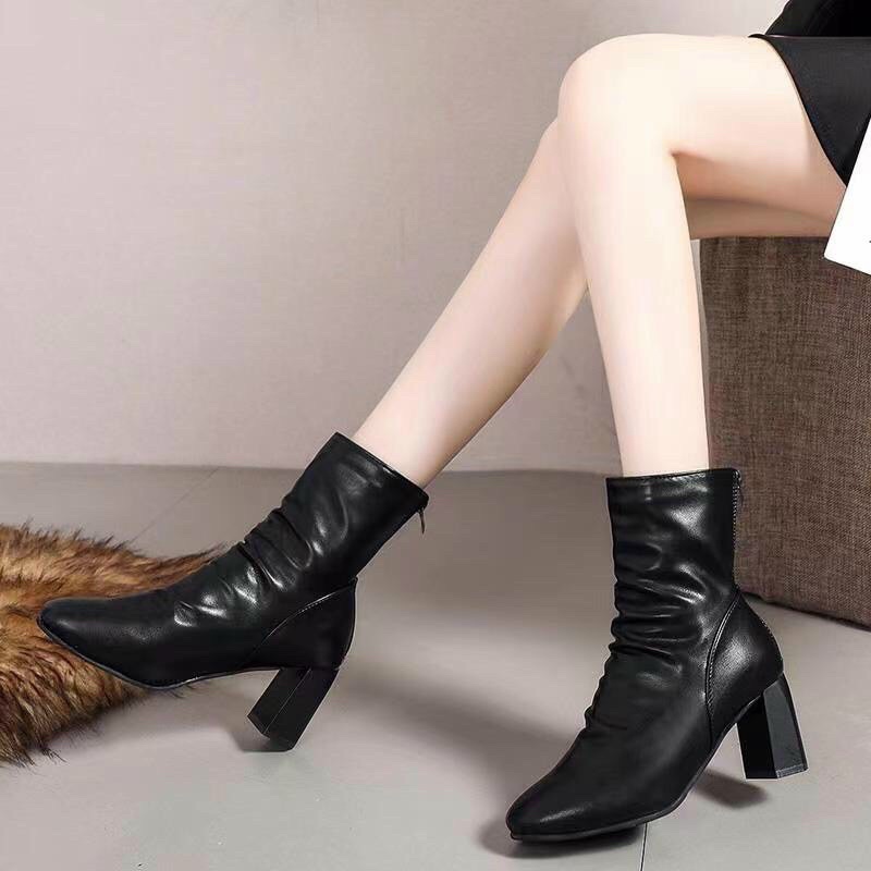 Bốt nữ cổ nhún 7 phân da mềm hàng loại 1 xuất xịn - giày boots cổ lửng khoá sau Cao Cấp