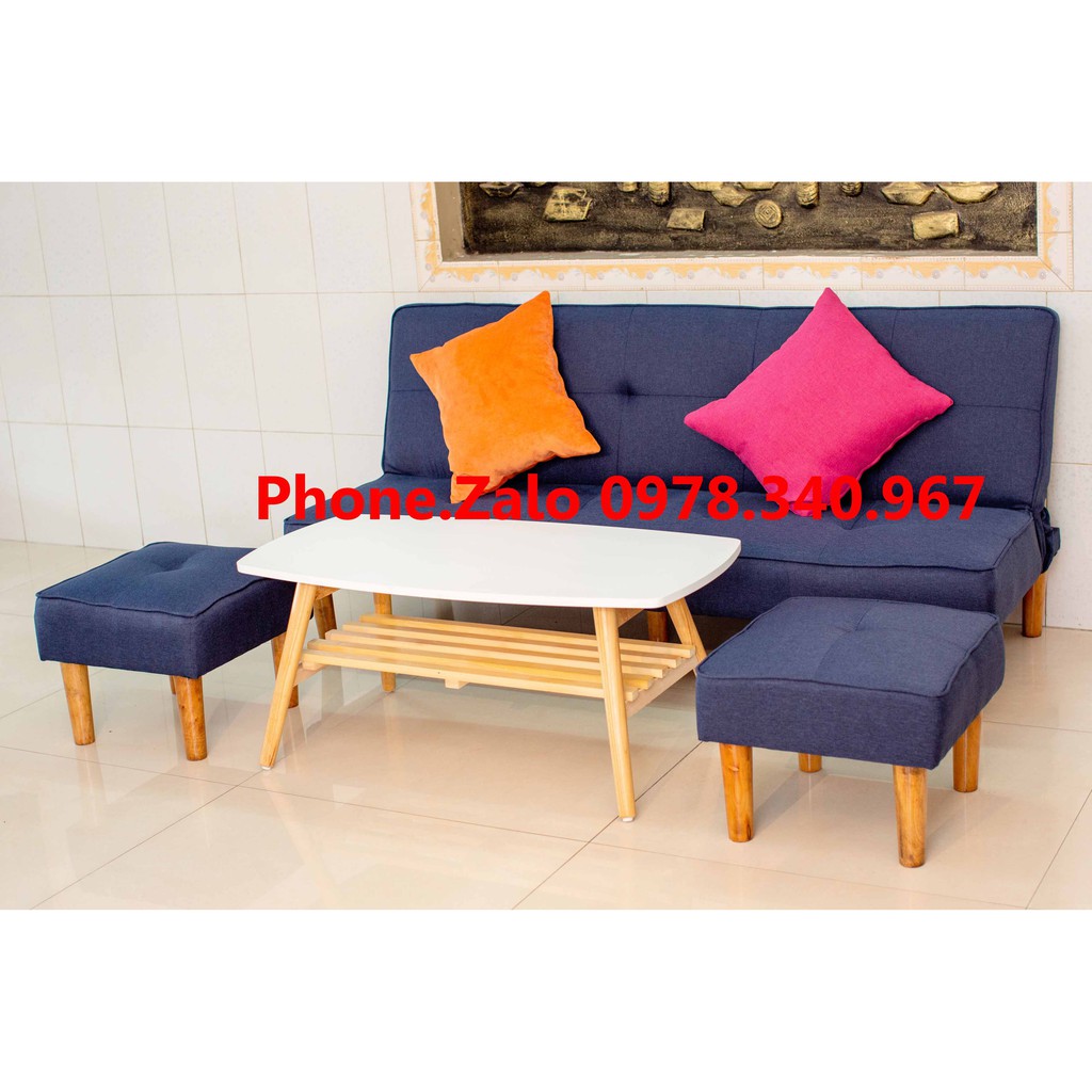 Ghế sofa bed đa năng bật ra thành giường kích thước 1m7x90 kèm 2 đôn vuông và bàn chữ nhật có gối ôm MY HOME 08