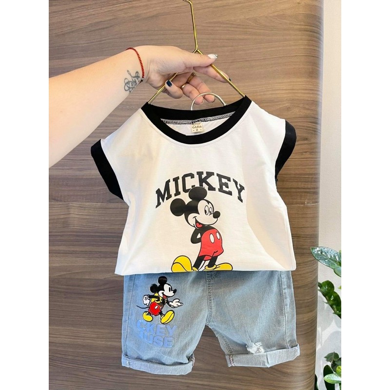 sét áo micky đen trắng quần bò xanh cho bé