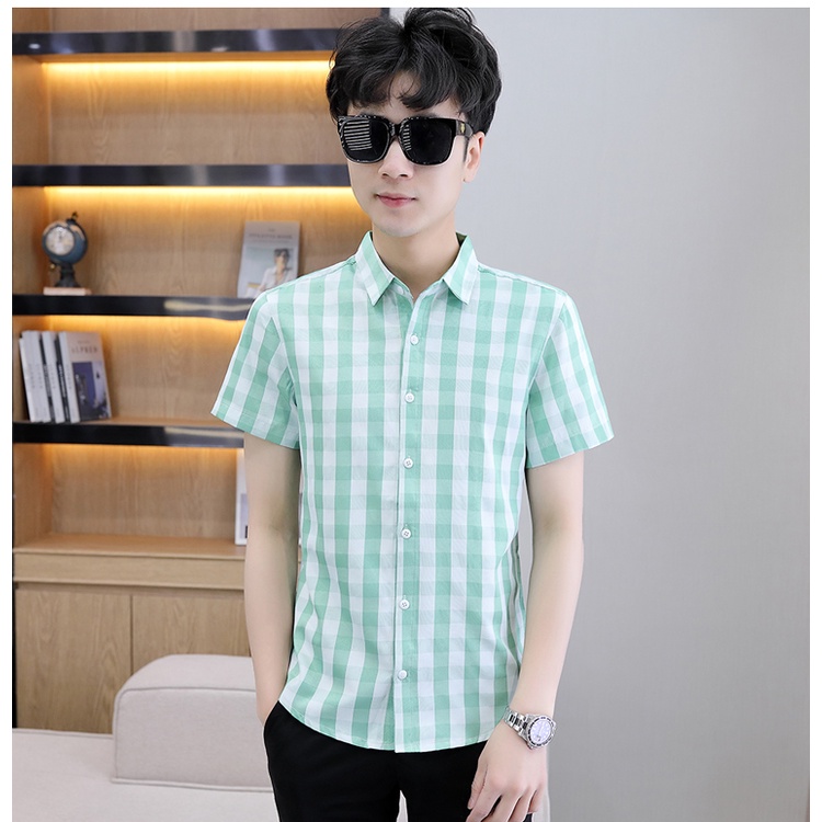 Áo Sơ Mi Cotton Tay Ngắn Họa Tiết Kẻ Sọc Thời Trang Mùa Hè Hàn Quốc 2022 Mới Cho Nam