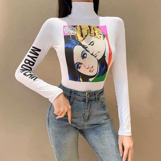 Đồ bơi áo cao cổ tay dài bó sát cổ cao trắng hoạt hình ulzzang