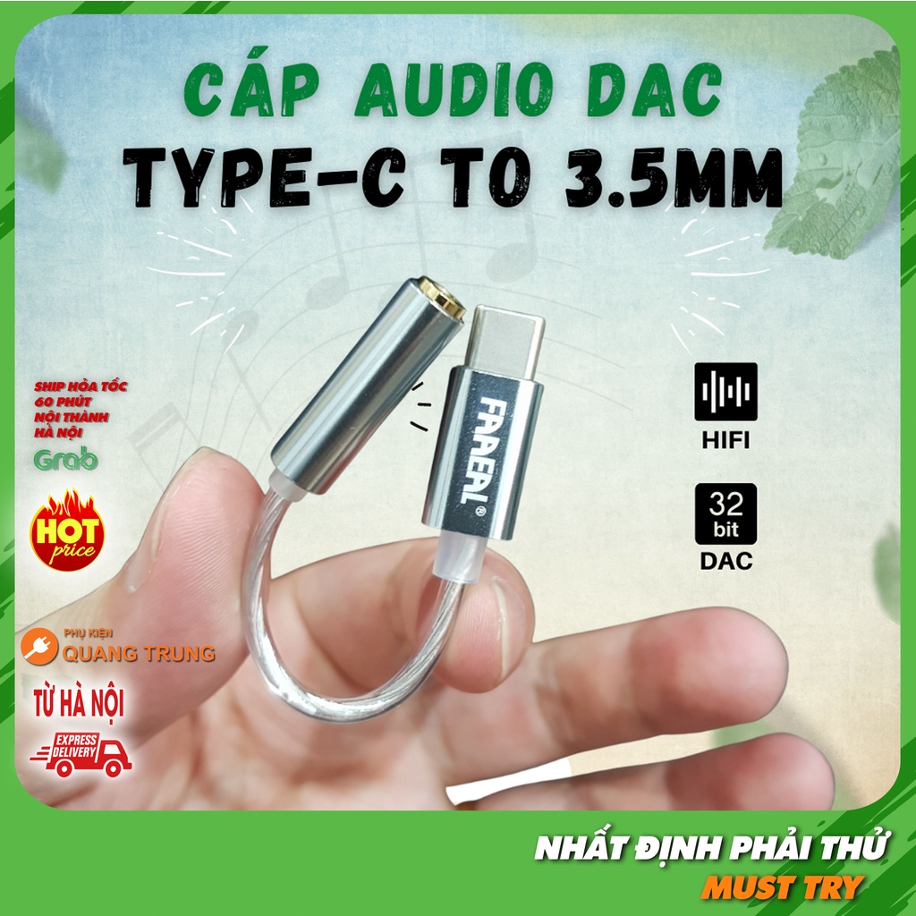 Cáp chuyển Faaeal typeC sang aux 3.5mm, dây mạ bạc, có DAC 32bit 384Khz