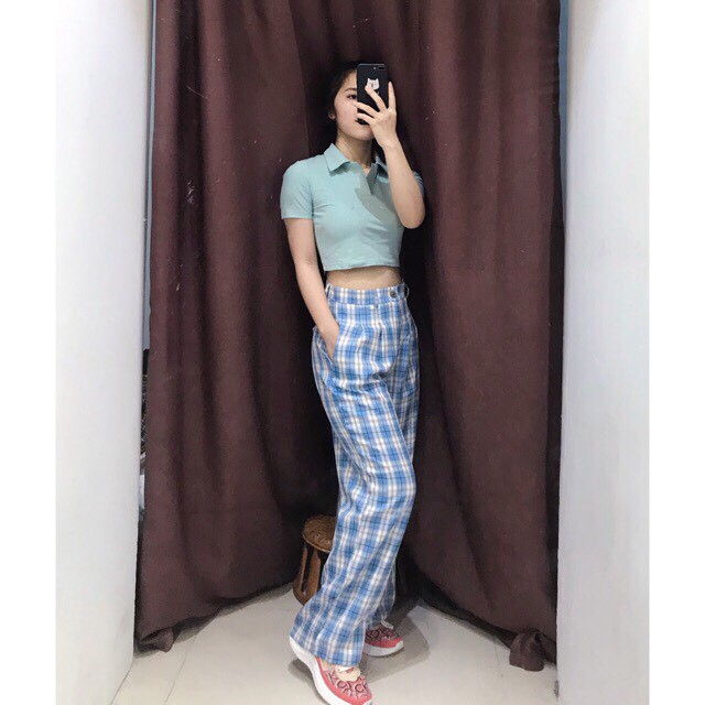 (ẢNH THẬT) QUẦN ỐNG RỘNG NỮ KẺ CARO,CẠP CAO XANH,PHONG CÁCH HÀN QUỐC, THỜI TRANG CAO CẤP