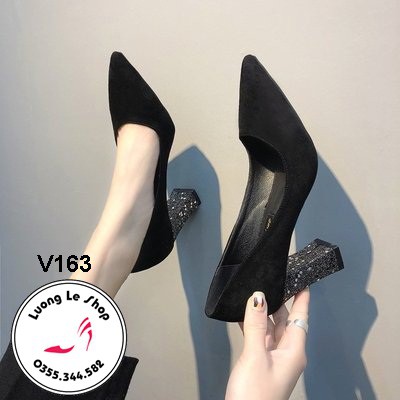 Giày đế vuông 8cm da lộn đế nhũ mũi nhọn 2 màu đen xám ms V163