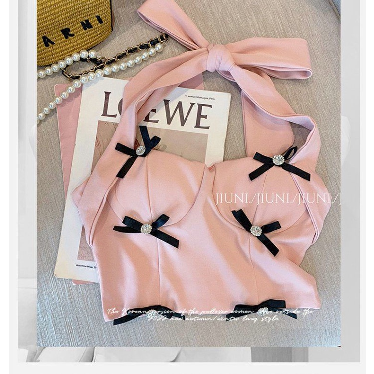 The bow is sweet, spicy, sexy, hanging neck jacket, female high-end French style 2022 new pink summer dress temperament socialite