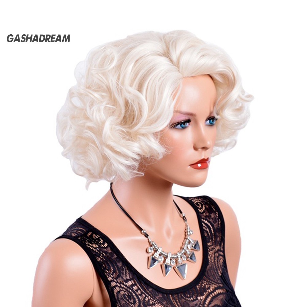 ♉Gd Women Short Curly White Mommy Wig Heat Resistant Synthetic Hair Party Hairpiece