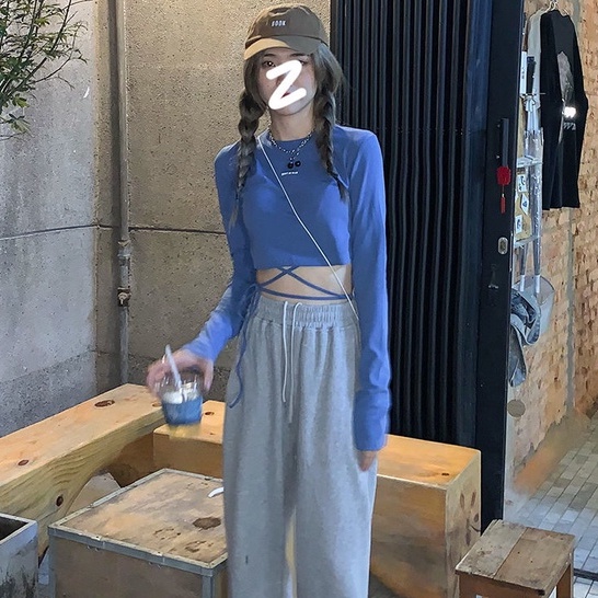 Happy-store ❤️ Áo thun croptop tay dài màu trơn phong cách dây chéo Hàn Quốc cá tính