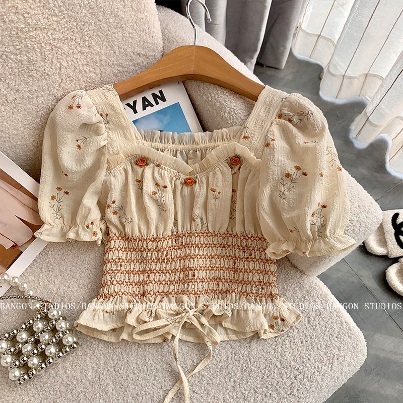 Áo Kiểu Tay Phồng Ngắn In Họa Tiết Hoa Phong Cách Mới Dành Cho Nữ