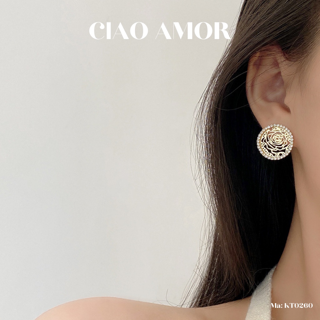 Khuyên tai nữ, bông tai tròn hoạ tiết lép viền đá sang trọng Trang sức Ciao Amor - KT0260