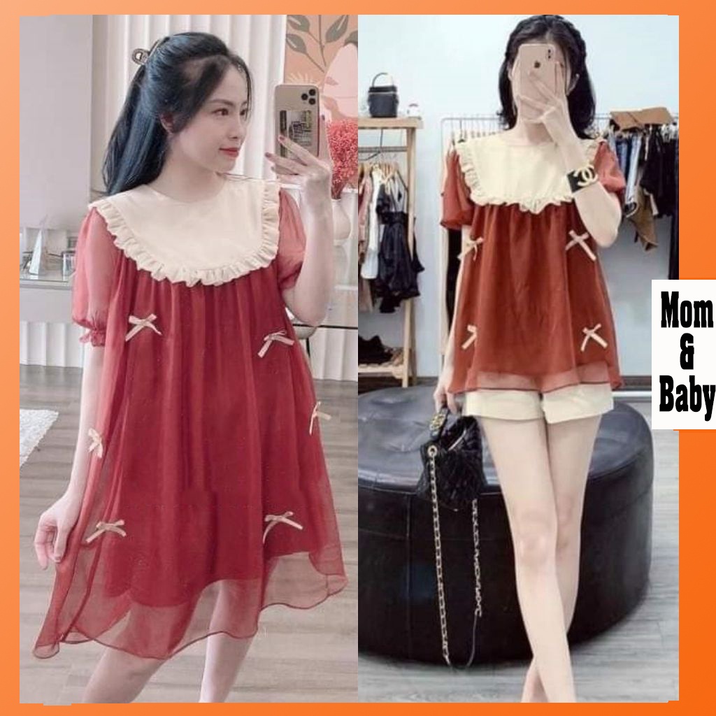 Váy bầu thời trang thiết kế M373 chất voan hai lớp freesize từ 45 đến 70kg