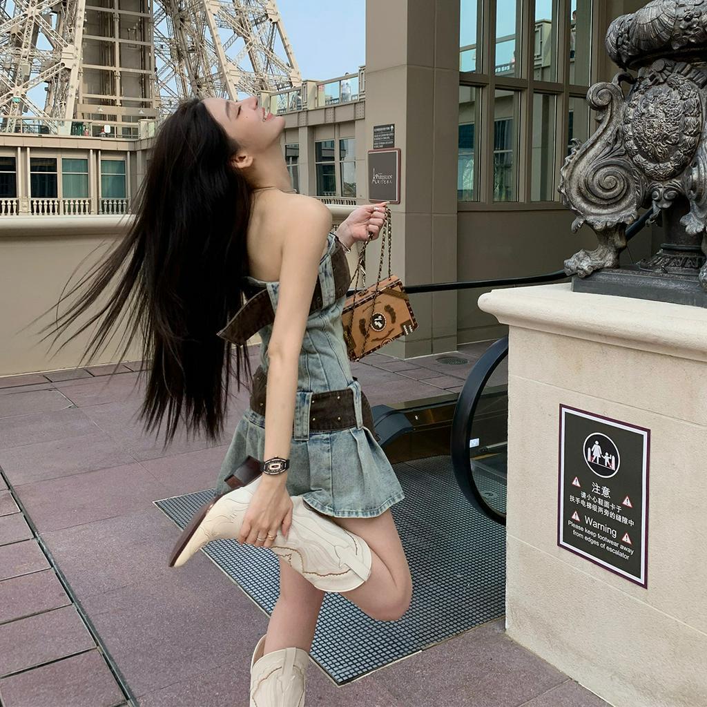 Đầm denim Ngắn Quấn Ngực Phong Cách retro Mỹ Thời Trang Mùa Hè Hàng Mới Dành Cho Bạn Gái