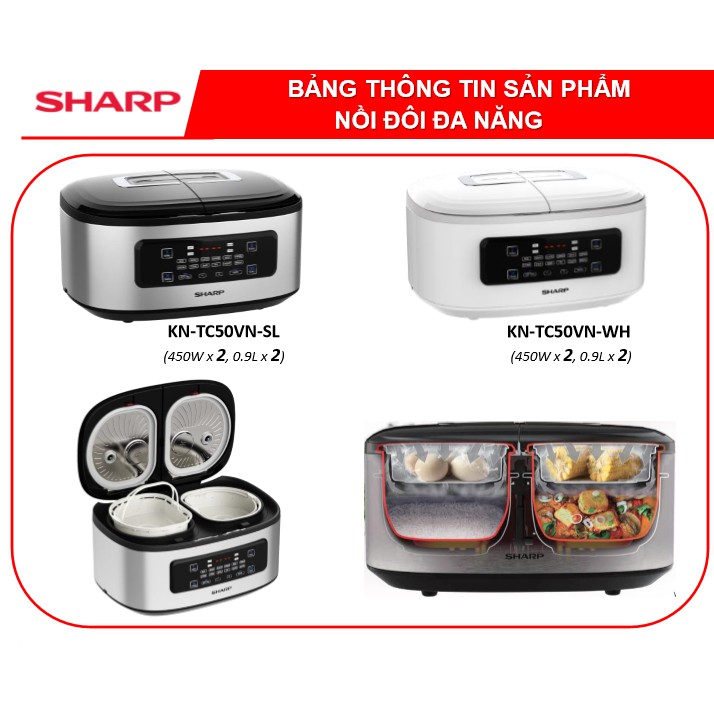 Nồi Cơm 2 Ngăn Đa Năng Sharp 1.8 lít KN-TC50VN-SL/WH Công suất 900W (mỗi bên 450W)