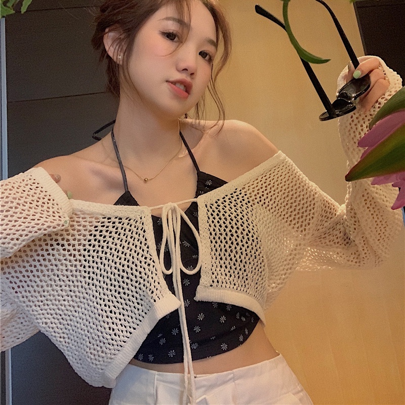 HUANG YOYO  Áo Khoác cardigan Ngắn Dệt Kim Mỏng Chống Nắng Thời Trang Mùa Hè Phong Cách Hàn Quốc Cho Nữ