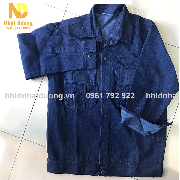 Quần áo bảo hộ lao động cho thợ hàn thợ điện vải jean bò L2, Đồ thợ hàn Nhật Dương áo dài tay quần túi hộp