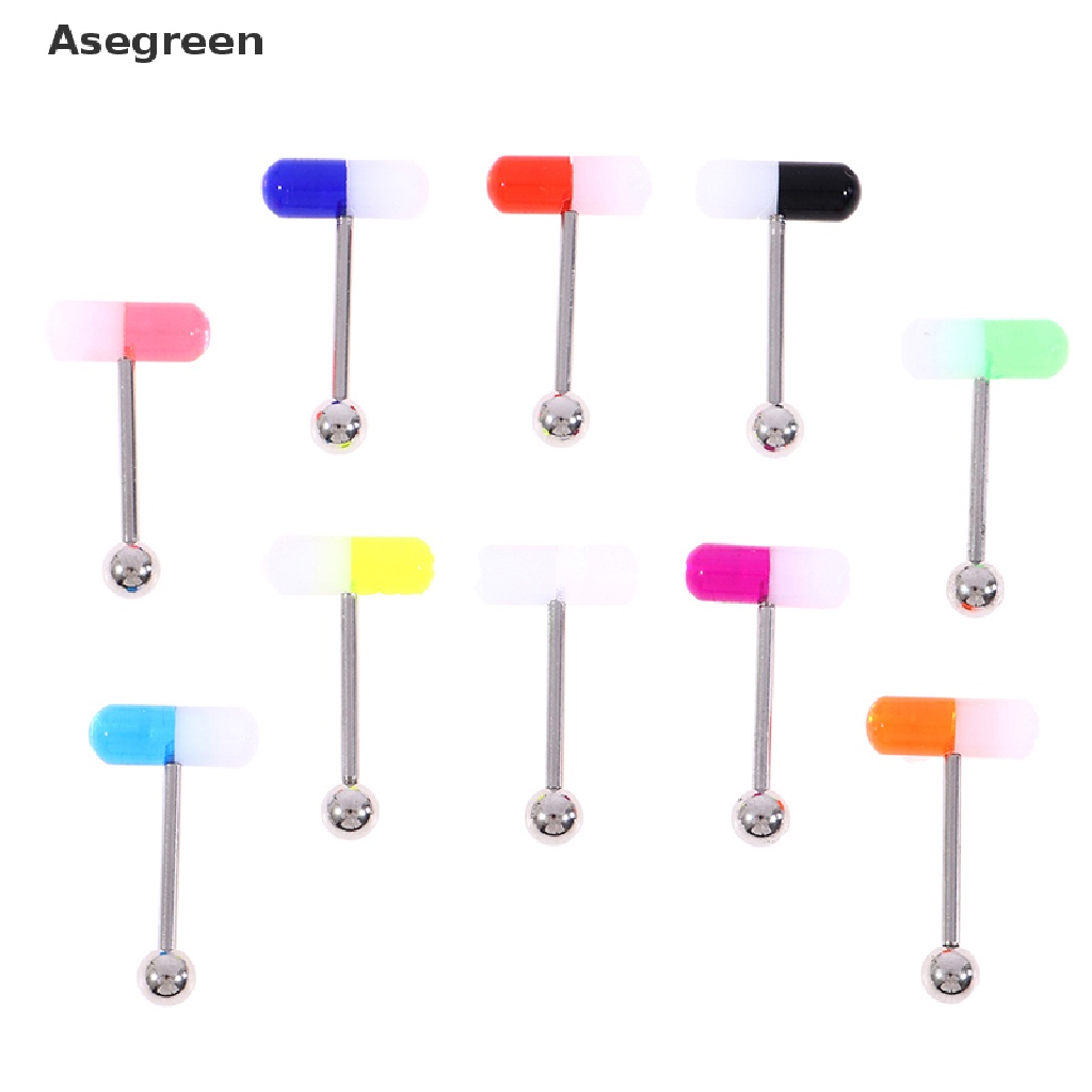 [Asegreen] Set 10 Khuyên Lưỡi Nhiều Màu Sắc Hình Viên Thuốc Chất Liệu Acrylic Phong Cách Punk