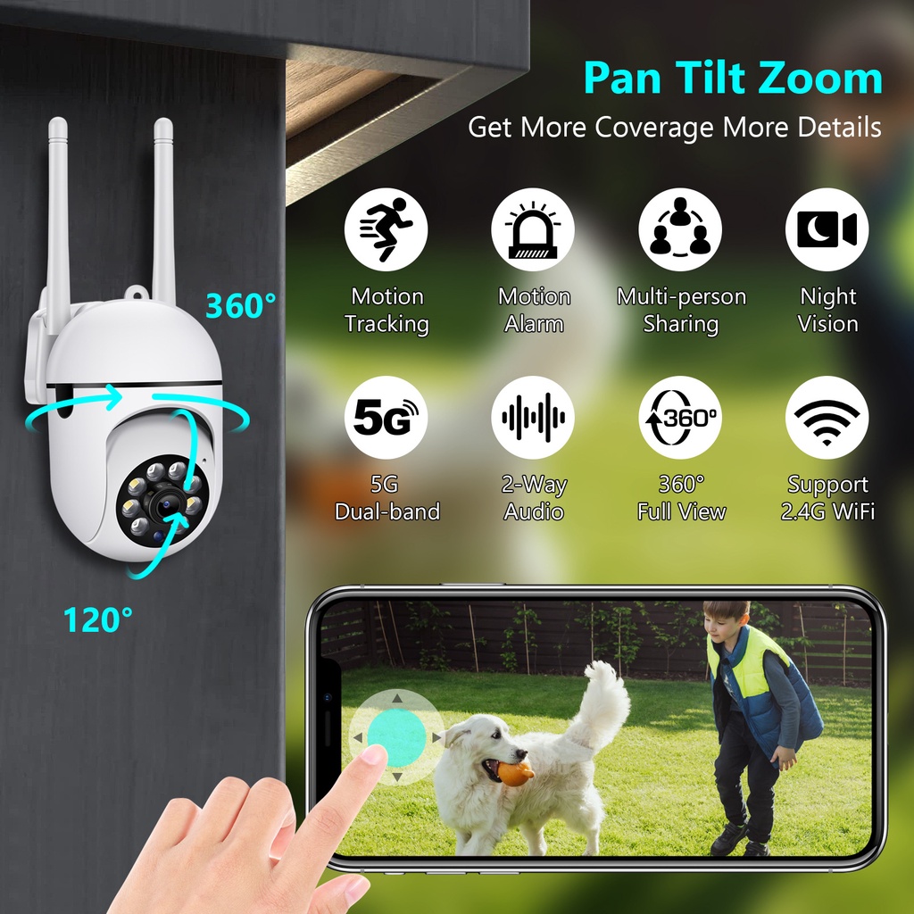 1080P Hd 5G Tầm Nhìn Ban Đêm Video Giám Sát Ip Wifi Không Dây Ngoài Trời Camera An Ninh Camera Quan Sát Với Chức Năng Phát Hiện Chuyển Động có Đầu Cắm 【Doom】