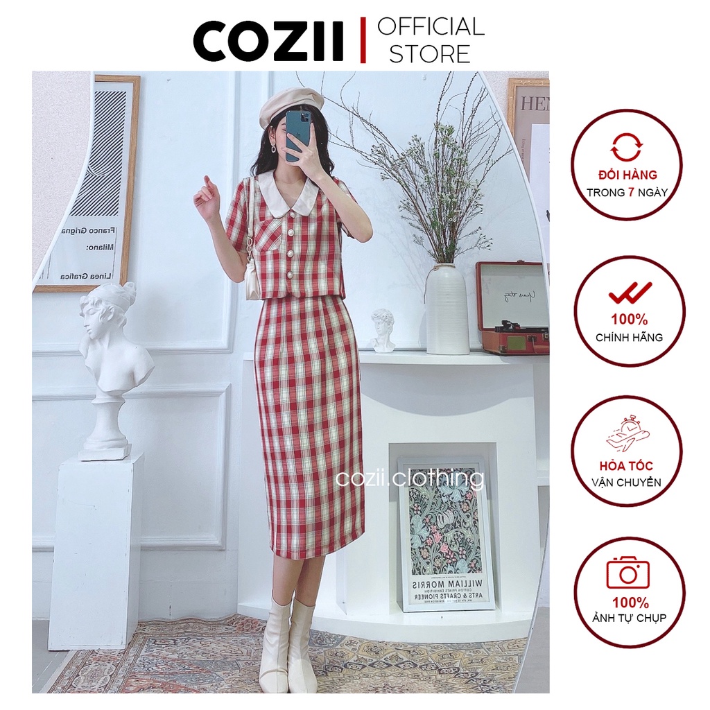 Set Áo Vest Cổ Bèo Chân Váy Dài Kẻ Caro Phong Cách Hàn Quốc Thanh Lịch S247