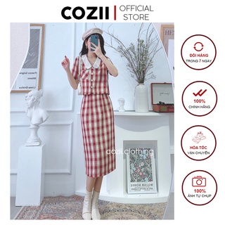 Set Áo Vest Cổ Bèo Chân Váy Dài Kẻ Caro Phong Cách Hàn Quốc Thanh Lịch S247