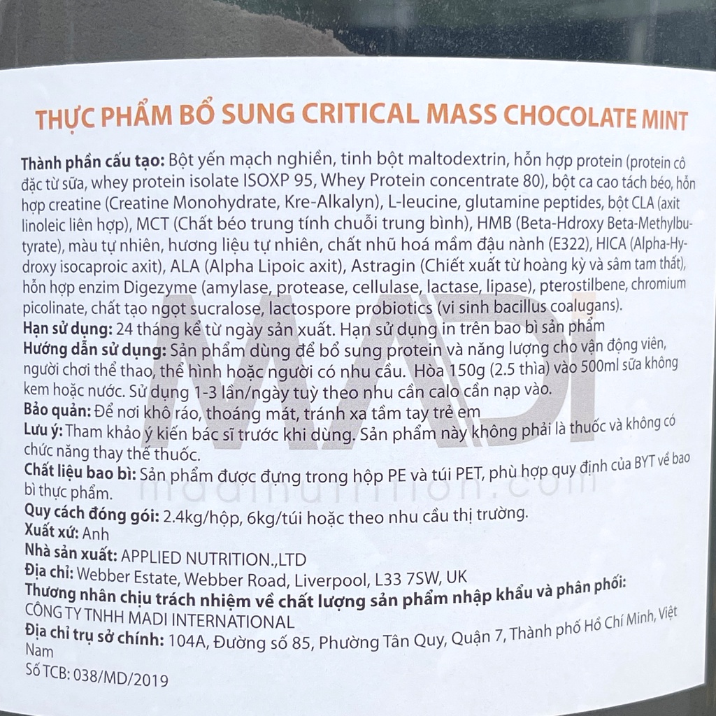 Sữa tăng cân tăng cơ Critical Mass của APPLIED NUTRITION hộp 2.4kg hỗ trợ tăng cân, tăng cơ nhanh cho người gầy