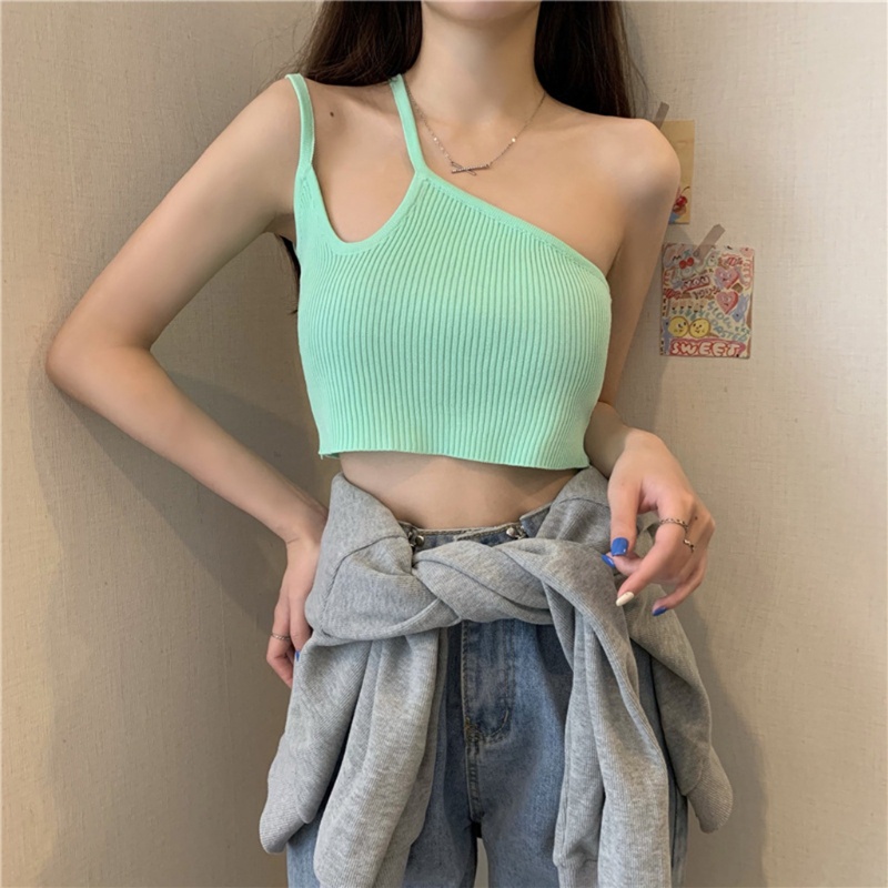 Youyo Áo Tank Top Dệt Kim Lệch Vai Màu Trơn Gợi Cảm Mùa Hè Cho Nữ