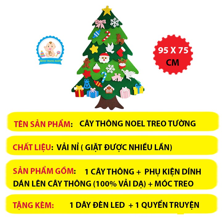 Cây thông Noel bằng vải dạ tặng kèm đèn led và đồ trang trí