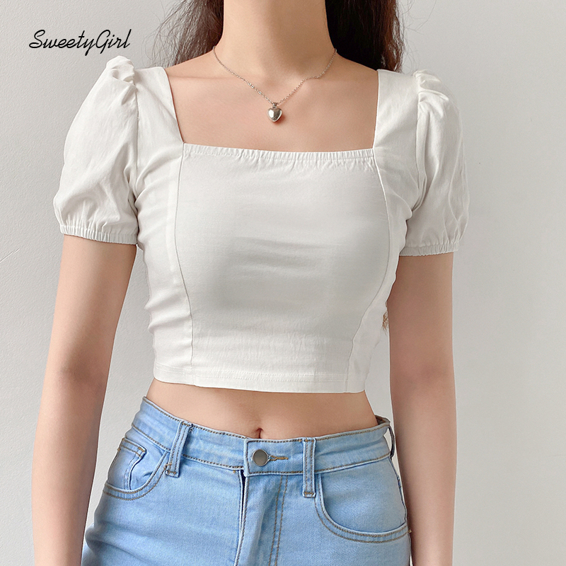 SweetyGirl Women Crop Top Fashion Solid Color Square Neck Short Sleeves Slim Fit Casual Streetwear
