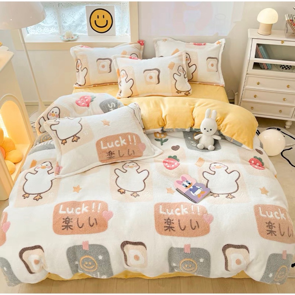Bộ chăn ga gối nỉ nhung 5D cao cấp ga gối nỉ nhung tuyết sữa mới nhất hoạ tiết đáng yêu siêu mềm không rụng lông
