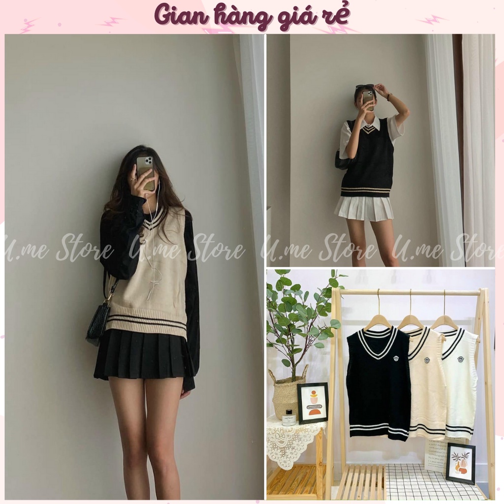 Áo gile len nữ Ulzzang Hàn Quốc Freesize cổ chữ V mác logo thêu xịn xò