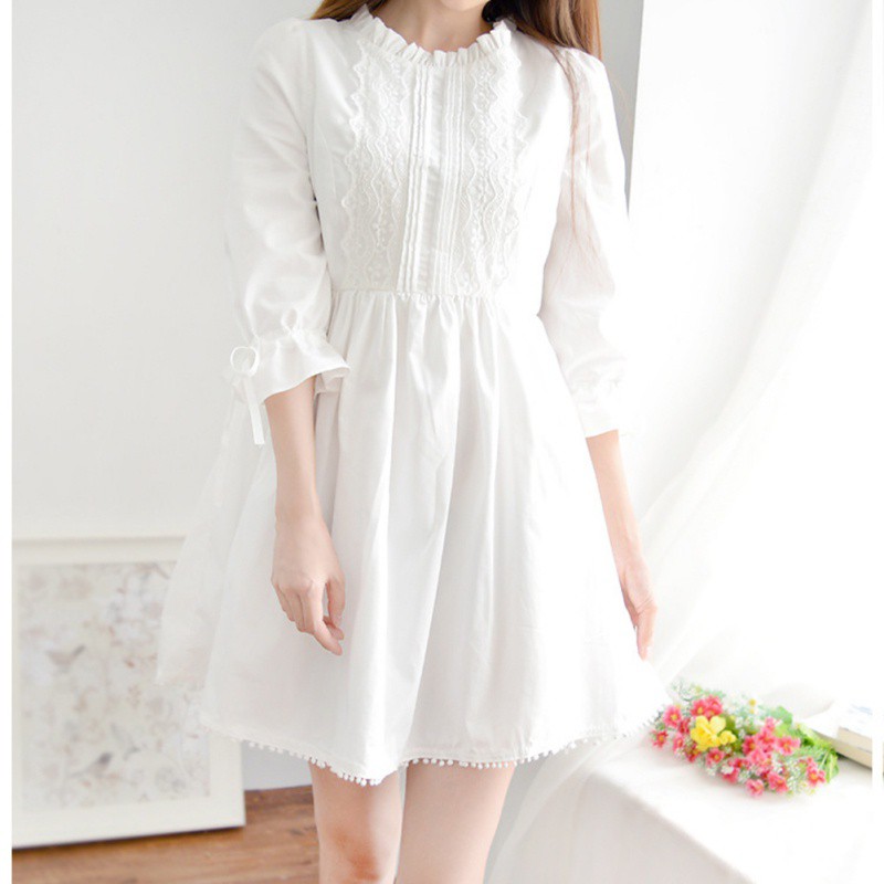 [Baywellfashion]Women Sweet Japanese Lace Dress Solid Color Strap Long Sleeve Tie Straps Casual Skirt White