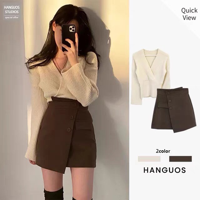 SẴN Set áo nude cổ đắp + chân váy quần giả nút đắp nâu style hàn quốc