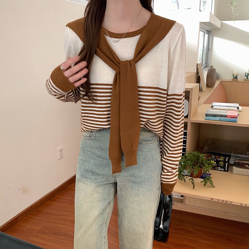 【ZHELIHANGFEI】Áo Dệt Kim Tay Dài Dáng Rộng Kẻ Sọc Giả Hai Lớp Dễ Phối Đồ